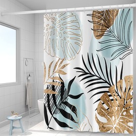 Umpoo Abstract Mid Century Shower Curtain 60Wx72H Boho Geometric Light Blue Black Golden Leaves Minimalist Aesthetic Modern Art Fabric Waterproof Home Bathroom Decor 12 Plastic Hooks
