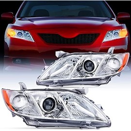 Nilight Headlight Assembly Compatible with 2007 2008 2009 Toyota Camry Headlamps Replacement Chrome Housing Amber Reflector Driver and Passenger Side