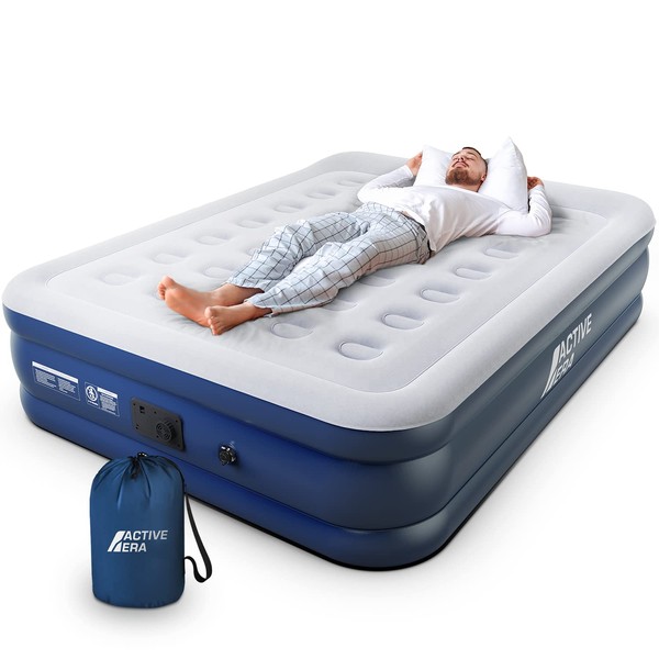 Active Era Queen Air Mattress with Built in Pump, Raised Pillow, Puncture Resistant Waterproof Soft Top Elevated Inflatable Bed for Guests, Size Blow Up Quick Electric Pump