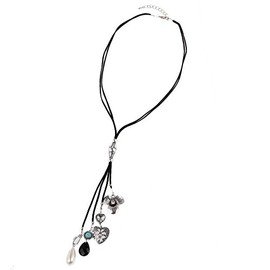 Chic-Net Black Leather Rope Necklace Pendant Stainless Steel Pearl & Cubic Zirconia Flower Heart Length 53 cm