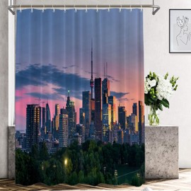 Shrahala City Skyline Night Sunset Decorative Shower Curtain - Toronto Canada Cityscape for Bathroom Stalls, Bathtubs - Waterproof, Funny With Grommets 72x72 Inch