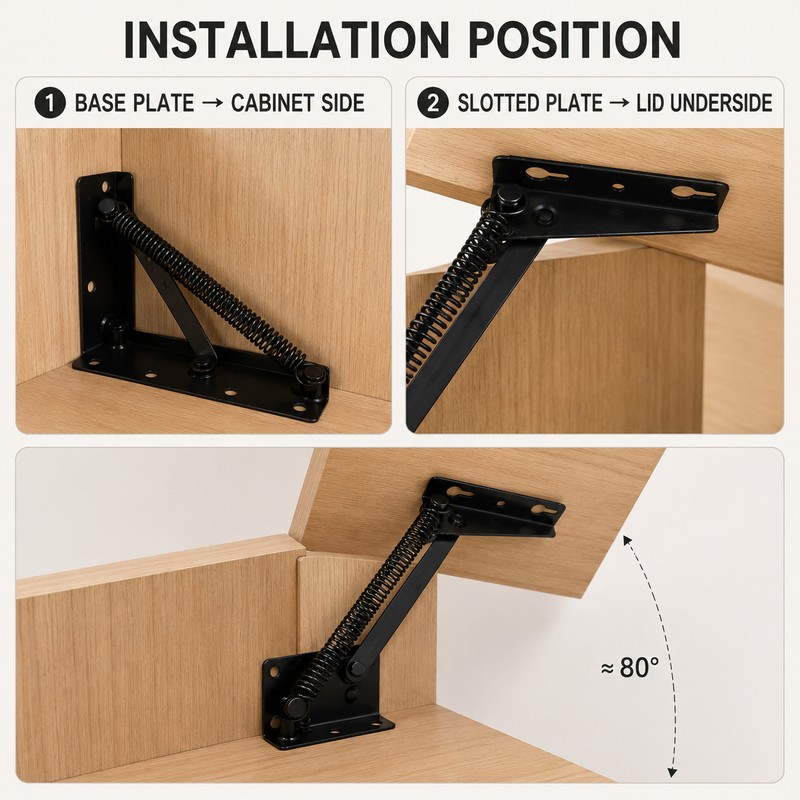2-Pack 80° Steel Spring Lift-Up Hinges for Cabinets & Furniture