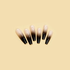 SINHOT Long Coffin Press on Nails Ballerina Fake Nails Glossy Glue on Nails Acrylic Nails Black Gradient False Nails with Designs 24 pcs