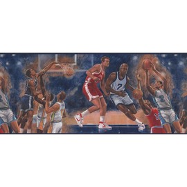 CONCORD WALLCOVERINGS ™ Retro Famous Basketball Game Wallpaper Border Featuring Athletic Basketball Players, Colors Orange Blue Red White and Brown, Size 10.25 Inches by 15 Feet IR2722B