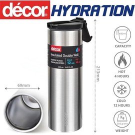 Décor Insulated Stainless Steel Coffee Cup | Travel for Hot & Cold Drinks | 450ml, 16oz - Silver