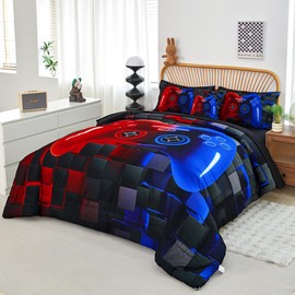 PERFEMET 6-Piece Boys Bedding Set Queen Size Red and Blue Game Console Kids Bed in A Bag Soft Lightweight 3D Cool Video Gamer Comforter Set with Sheets(Red Blue, Queen)