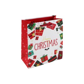 Eurowrap Happy Christmas with Present Design Gift Bag with Gift Tag - Medium - Red/Green/White - Gift Bag for Christmas, Gift Wrap, Christmas Wrapping Paper, Xmas, Festive Gift Bag