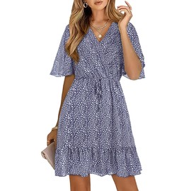 KIRUNDO Women's Summer Dresses 2025 Casual Short Sleeve V Neck Ruffle Floral Print High Waist Flowy Mini Dress with Belt(Large, Dark Blue)