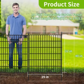 Toolterritary 10 Panels No Dig Garden Fence with Gate, 32 in(H) X24.2 ft(L) Metal Fence Panels, Thickened Rustproof Garden Fencing, Animal Barrier Fence for Dogs, Rabbits, and Patio