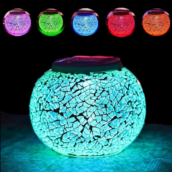 HDNICEZM 1PCS Color Changing Solar Powered Glass Ball Garden Lights, Solar Table Lights Waterproof Solar Led Night Light for Patio Garden Wedding Outdoor Decoration, Ideal Gift(Crack Glass)
