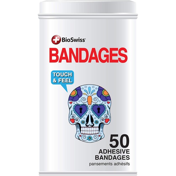 BioSwiss Novelty Bandages Collectable Tin, Self-Adhesive Funny First Aid Bandages, Novelty Gag Gift 50 Pieces (Skulls)