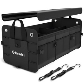 K KNODEL Car Trunk Organizer, Foldable Cover, Heavy Duty Collapsible Truck Storage Organizer, Car Cargo Trunk Organizer with Lid, 3 Compartments, with Straps (Black)