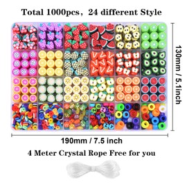 1000PCS Polymer Clay Beads Bracelet Making kit, 24 Style Cute Fun Beads Fruit Beads Charms for Jewelry Necklace Earring Making DIY Accessories for Women Girls