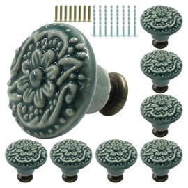 Murtenze 8PCS Green Ceramic Knobs Vintage Handles, Decorative Kitchen Cabinet Knobs Pulls, Retro Ceramic Dresser Knobs for Furniture, Closet, Cupboard, Door Knobs