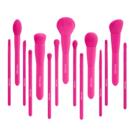 Juego de brochas de maquillaje, 15 brochas sintéticas de alta calidad para base, colorete, iluminador, corrector, kit de viaje, rosa intenso