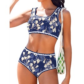 AI'MAGE Women's Bikini Sets High Waisted Two Piece Swimsuits 2025 Scoop Neck Floral Print Sporty Bathing Suits