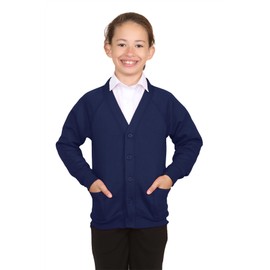 janisramone® Girls Boys School Uniform Cardigan, Plain Kids Unisex Long Sleeve V Neck Jumper, Button up Sweater with Front Pockets, Casual School Cardigans for Girls and Boys, Age 2-13 Years Navy