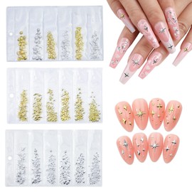 3 Bags Nail Charms,Gold Silver Star Shell Charms for Nails Art,Mixed Metal Nail Studs Kits,3D Nail Charms Art Decorations Accessories for Women Girls Nail DIY Design