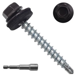 JEGONFRI 250pcs #10 x 1-1/2" Brown Hex Head Self-Drilling Metal Roofing Screws, EPDM Washer, Colored Head, Sheet Metal Roof Screw with Hex Driver Bit