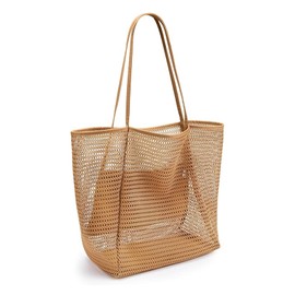 SSKHE Mesh Tote Bag, Beach Bag for Women with Zip Pocket, Extra Large Tote Bags, Shoulder Bag Summer Beach Bags Reusable Foldable Shopping Bag for Picnic Holiday Pool Gym Travel Grocery (Khaki)