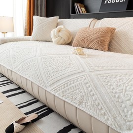 MDSASFD Boho Couch Cover Non Slip Sofa Cover Washable for Dogs, Sectional Couch Covers Soft, Plush Sofa Slipcover Furniture Protector Covers for L Shaped(Beige White, 36"x 71")