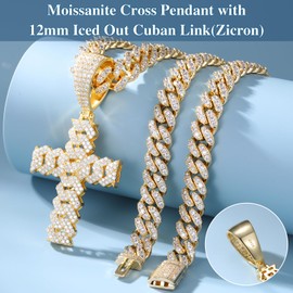 Ucciyo Gold Moissanite Cross Necklace for Men 8MM Iced Out Cuban Link Cross Pendant 925 Sterling Silver Cross Chain Necklace 2.7 Carat D Color VVS1 Diamond 18k Gold Plated Christian Pendant