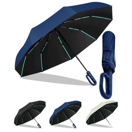 KLYOZO Travel Umbrella Automatic Open Windproof - 80 Ribs & 10 Shafts for Hurricane, Compact 35cm Lightweight Fold, UPF 50+ Sun/Rain Protection (Navy Blue)