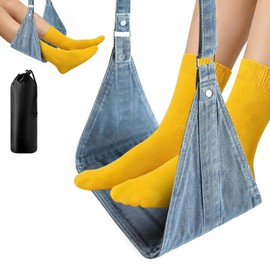 Airplane Foot Hammock, No Collapse Foot Rest for Plane Travel with Extended Adjustment Strap, Portable Desk Foot Hammock with,Cotton Denim, Foot Sling Travel Essentials to Relax Your Feet(Light Blue)