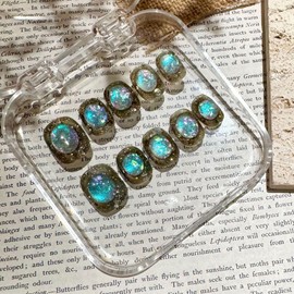 LOHAS Home Handcrafted Vintage European-Inspired Luxurious Wearable Nails Reusable Short Square Glitter Press-on Nails, Opal Cat's Eye