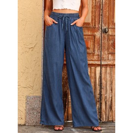 Sidefeel Women's High Waisted Wide Leg Jeans 2024 Summer Drawstring Denim Pants Blue Size 10