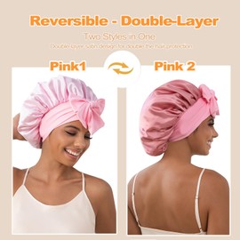 GDTOGRT Satin Silk Bonnet for Sleeping Women,Double Layer Sleep Hair Bonnets Caps for Curly Natural Hair with Tie Band - Pink