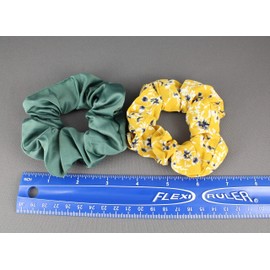 Mustard Yellow floral Green solid set 2 fabric ponytail holder hair tie scrunchies soft rayon fabric