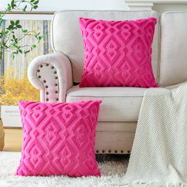 Artscope Pack of 2 Soft Plush Short Wool Velvet Decorative Throw Pillow Covers Luxury Style Cushion Covers European Pillow Shell for Sofa Bedroom Diamond Shape Hot Pink, 18x18 Inch