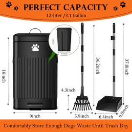 Kopuncare Dog Poop Trash Can Outside, 12L/3.1Gal Metal Dog Waste Trash Can with Lid, Foot Pedal, Waste Container with 40 Bags, Pet Poop Bucket with Lid Soft Close for Pet, Rectangular Black