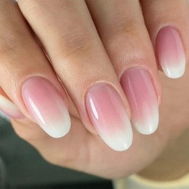Short Press on Nails Oval Shaped Fake Nails White Pink Gradient Acrylic Glue on Nails French Tip Nails Press on Glossy False Nails Cute Natural Stick on Nails Daily for Women Girls 24Pcs