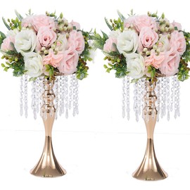 LANLONG Set of 2 Crystal Centerpieces for Tables Gold Metal Flower Vase Stand for Wedding Party Reception Home Decor
