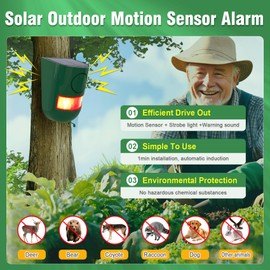 ChunHee Solar Motion Sensor Alarm Outdoor 4 Working Mode Motion Activated Alarm 129dB Loud Sound Noise Maker IP65 Waterproof Motion Detector with Strobe Light for Yard Farm Garden 2PC