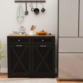 Giantex Kitchen Island with Tilt Out Trash Can Cabinet 10 Gallon, Power Outlet, 2 Drawers, Adjustable Shelves, Hidden Storage Garbage Bin Cabinet for Dining Room Laundry Room (Black+Walnut)