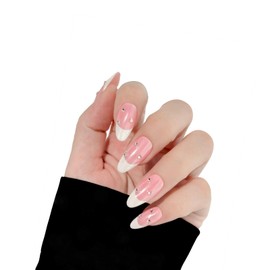 KEEYKELLA Press On Nails Almond French Tip, La Belle Handcrafted Fake Nails with Designs, Classic Glossy Pink and White Tips, Easily Apply and Remove, Handmade Press On Nails, 10 Nails (Pink, L)