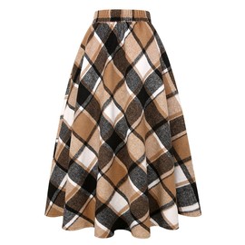 IDEALSANXUN Womens Plaid Wool Skirts Elastic Waist A-Line Pleated Tartan Long Skirts (X-Small, Brown)