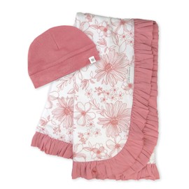 HonestBaby 2-Piece Knit Stroller Blanket with Trim Detail and Baby hat, Sketchy Floral Pink, One Size