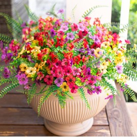 HyeFlora Artificial Faux Outdoor Flowers Plants for Summer Outside Decoration, 14 Bundles Fake Silk Colorful Daisy Ferns UV Resistant Realistic for Front Door Porch Planter Patio Yard