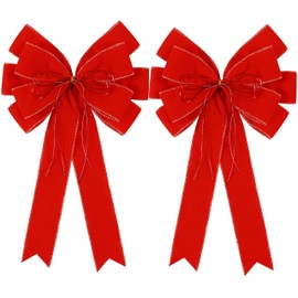 2 Pack Red Christmas Bows Outdoor Decorations,12”x20” Large Velvet Wreath Bow with Glitter String Gold Edge for Xmas Tree Topper Home Front Door Decor