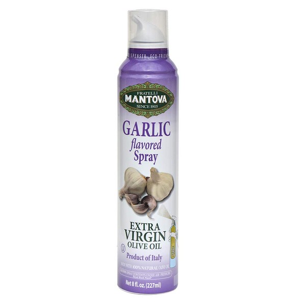 Mantova Extra Virgin Olive Oil Spray Garlic Flavored 8 oz. Spray Bottle - Manage Oil Amount - Great For Salads & Cooking