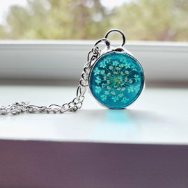 Stained Glass Queen Anne's Lace Necklace for Women, Real Pressed Flower Jewelry Gift, Wildflower Pendant, Hand Made in USA, 4th Anniversary Gift, Artisan Hand Crafted by Bayou Glass Arts (Peacock22sf)
