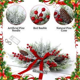Giegxin 24 Inch Artificial Christmas Centerpiece Frosted Cedar Swag Decorations with 20 LED Lights Red Bow Red Berries and Pine Cones for Christmas Dining Tables Fireplace Mantel Front Door Windows