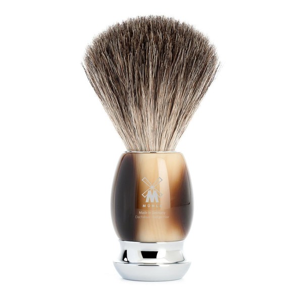 MÜHLE VIVO Brown Horn Pure Badger Shaving Brush - Luxury Shave Brush for Men, Rich Lather