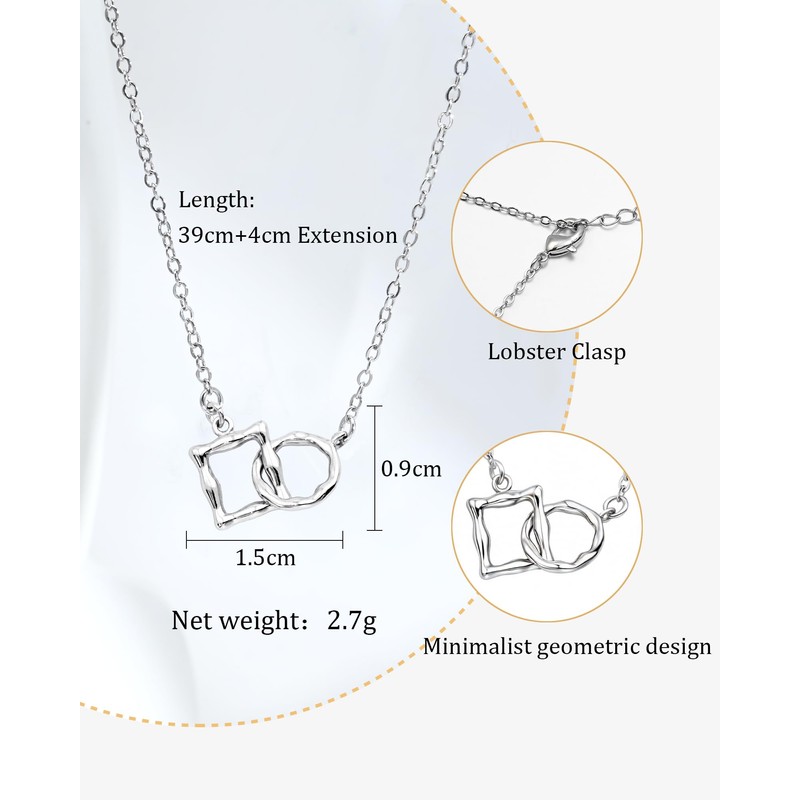 Desnuage Silver Geometric Square and Circle Pendant Necklace Simple Everyday