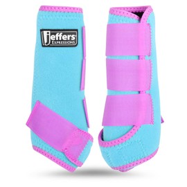 Jeffers Equine Neon Horse Boots – 1 Pair – Turquoise & Purple – Large Size – Breathable Neoprene, Secure Velcro Straps – Durable Protection for Front & Hind Legs, Trail & Riding Use