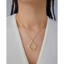 PAVOI 14K Yellow Gold Plated Dainty Statement Pendant Necklaces for Women - Hammered Circle Beachy Summer Pendants - Knit Tightened Rope Chain Necklace